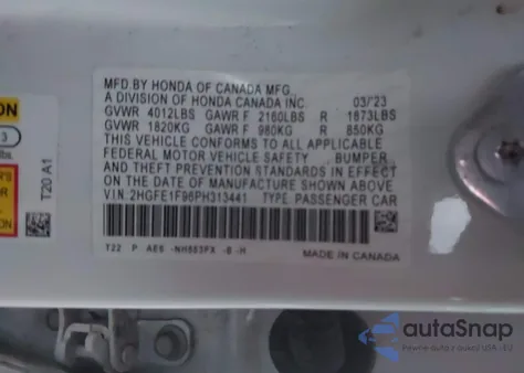 2023 Honda Civic Touring из США, поврежденный, VIN 2HGFE1F96PH313441